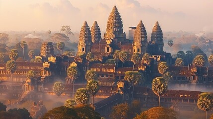 Angkor Wat at dawn, historical temple complex, mystical atmosphere