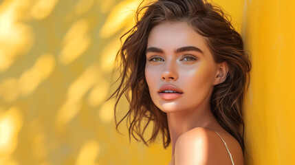 Brunette model with wavy hair against a vibrant yellow background.