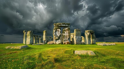 Stonehenge under a dramatic sky, ancient stone circle, historical site