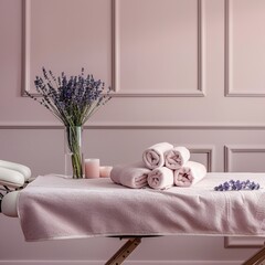 A light pink massage bed adorned with delicate lavender flowers and towels, creating a serene atmosphere.