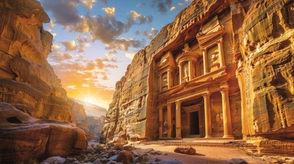 Petra's Treasury at sunrise, ancient rock-cut architecture, historical site
