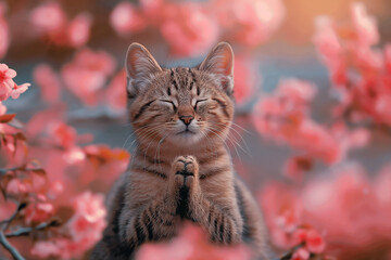 Peaceful moment of grey cat doing yoga meditation on pink blossom background. Selective focus. Close up. 