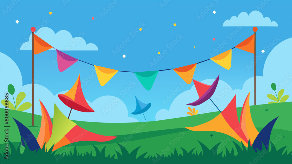Poster the colorful flags lining the field flutter in the breeze adding to the festive atmosphere.. vector 