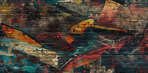 Urban art event displaying a colorful bat painting on a brick wall