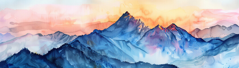 Mountain peak at sunset, watercolor painting look, bird's-eye view, cool color palette