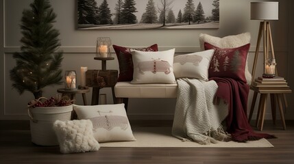 Obraz premium A white bench adorned with red and white pillows and candles