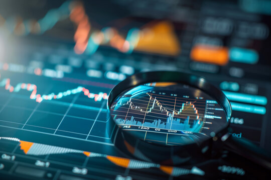 magnifying glass scan for great stock, analysis of financial concept