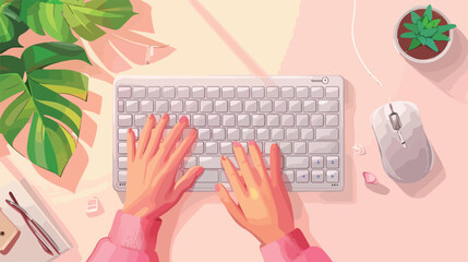 Female hands with keyboard and mouse on white background
