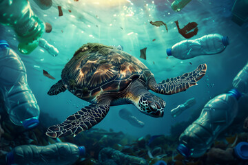 Obraz premium a turtle was surrounded by plastic bottle in the sea, pollution in nature and environment concept