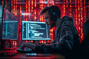 a hacker is programming the virus for hack and attack the server, cyber crime concept