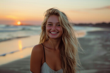 beautiful woman in happy mood on the beach sunset travel concept