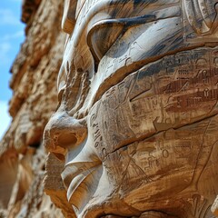 Close-up view of the Sphinx's detailed carvings, historical site
