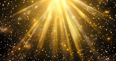 Gold glowing light rays on black background vector illustration, luxury wallpaper, glitter and diamond dust, shining stars, shining lights, shining golden raindrops, shiny glittery, shiny golden lines