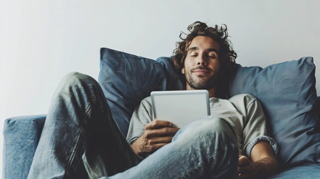 A real man sits comfortably on a dark blue sofa, holding an iPad with a content expression. Against a white solid background, he embodies relaxation and digital enjoymen