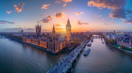 Panoramic view of the Palace of Westminster, iconic British landmark, historical site