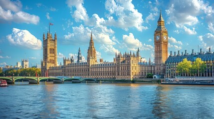 Panoramic view of the Palace of Westminster, iconic British landmark, historical site
