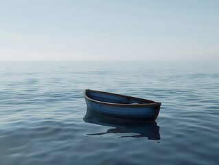 Naklejka premium A wooden boat floating in the middle of the sea, from the concept of the depressed feelings of patients with depression.