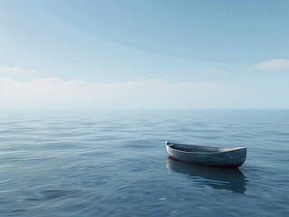 Naklejka premium A wooden boat floating in the middle of the sea, from the concept of the depressed feelings of patients with depression.