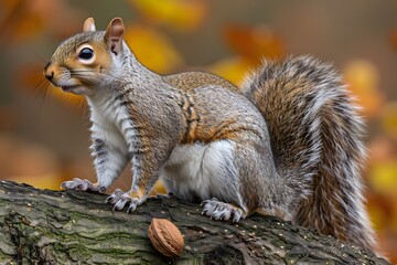 Eastern Gray Squirrel Perched on Tree Branch with Autumn Leaves Background
