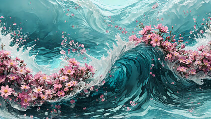 Mesmerizing teal tide embracing pink blossoms