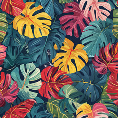 a bunch of colorful tropical leaves on a blue background