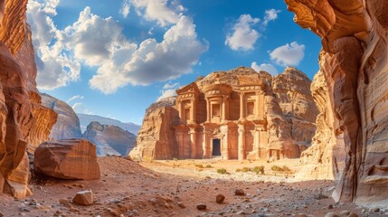 Panoramic view of the ancient city of Petra, Jordan, rock-cut architecture