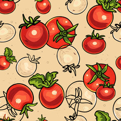 Tomatoes seamless pattern. Printing on textiles, decor, website. . Healthy food, organic, vegetarian concept with vegetables and herbs. Vector illustration