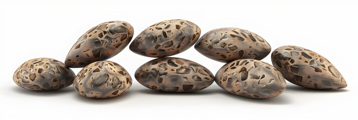 black seed type almonds,  almonds are shown on a white surface