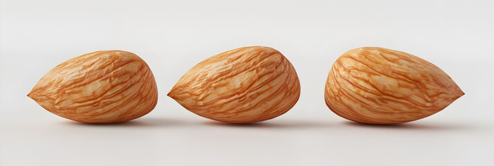 Close up of almonds, isolated on the white background.
Three almonds are on a white background with a shadow.