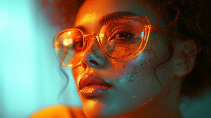 Close-up of a freckled face with reflective orange sunglasses.