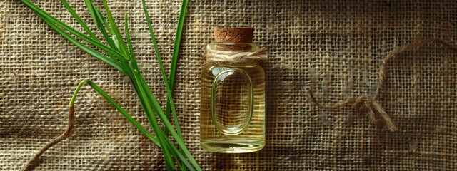 vetiver essential oil on burlap background. selective focus