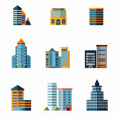 a set of nine buildings with different colors