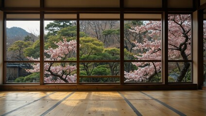 Empty Japanese room with wooden flooring sakura flower