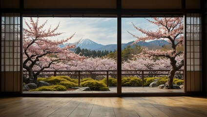 Empty Japanese room with wooden flooring sakura flower