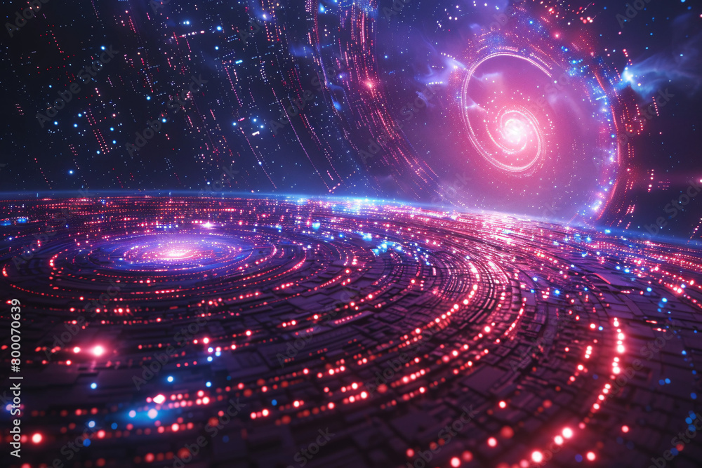 Poster digital purple tunnel with circular patterns and a bright core suggesting a sci-fi theme