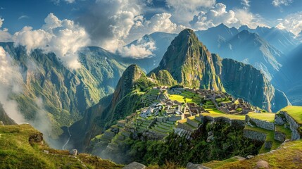 Panoramic view of the Machu Picchu ruins, ancient Incan city