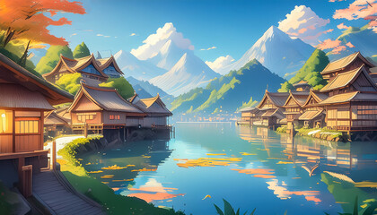 Obraz premium A small town by the lake, cartoon anime style
