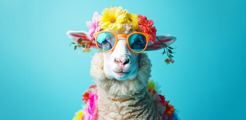 a sheep in colorful and sunglasses posing for the camera