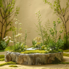 a moss covered rock surrounded by trees and plants