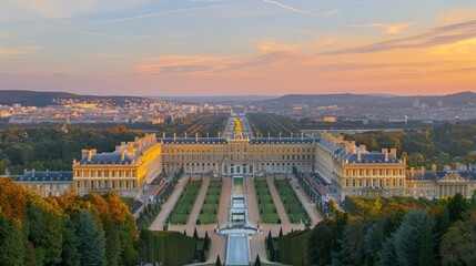 Panoramic view of the Palace of Versailles, French royal palace, historical site