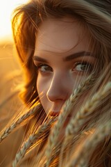 woman close up in wheat field sunset