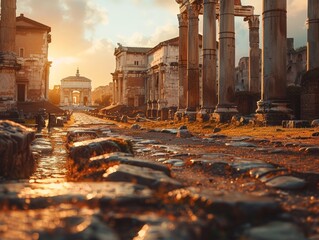 Close-up view of the Roman Forum's ancient ruins, historical site - Powered by Adobe