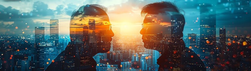 A photo of two people standing in front of each other with a cityscape in the background.