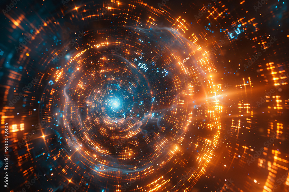 Poster glowing blue tunnel with digital patterns converging towards a luminous core