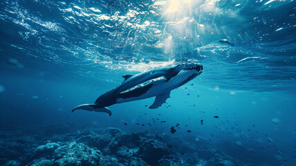Fototapeta premium beautiful beach and blue sea polluted by waste plastic, dolphins and turtles in a polluted ocean conditions