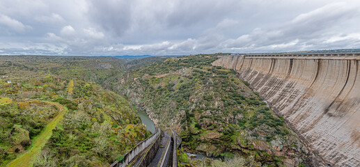 Landscape with dam in Salamanca, Spain. The almond. Arribes del Duero. Horizontal
