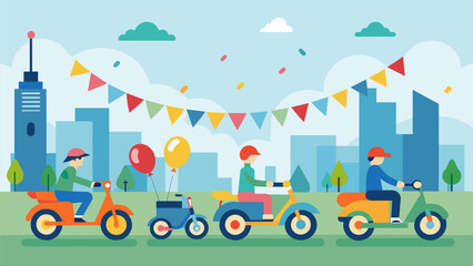 Naklejka premium TwoWheeled Parade The streets become a moving parade of patriotic bikes adorned with flags streamers and balloons spreading joy and pride throughout. Vector illustration