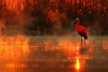 Graceful scarlet faced ibis bird portrait in serene marshland during golden hour glow - obrazy, fototapety, plakaty