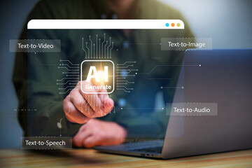 Artificial Intelligence AI concept , Man using laptop and touch an AI program on virtual display.