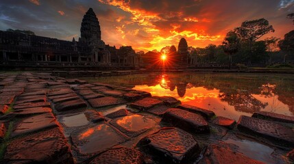 Sunset over Angkor Wat, ancient Cambodian temple complex